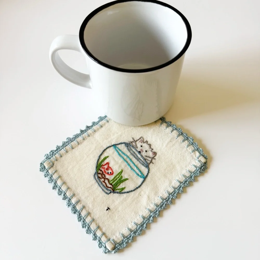 Embroidered Cat and Fishbowl Linen Cloth